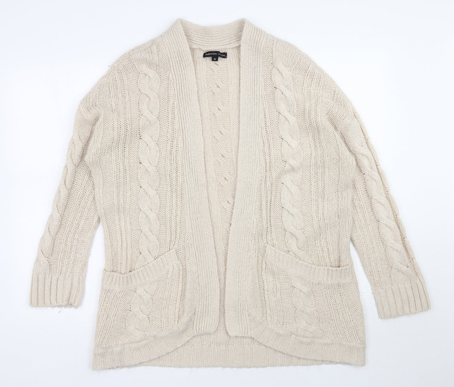 Fashion Union Womens Beige V-Neck  Acrylic Cardigan Jumper Size 16