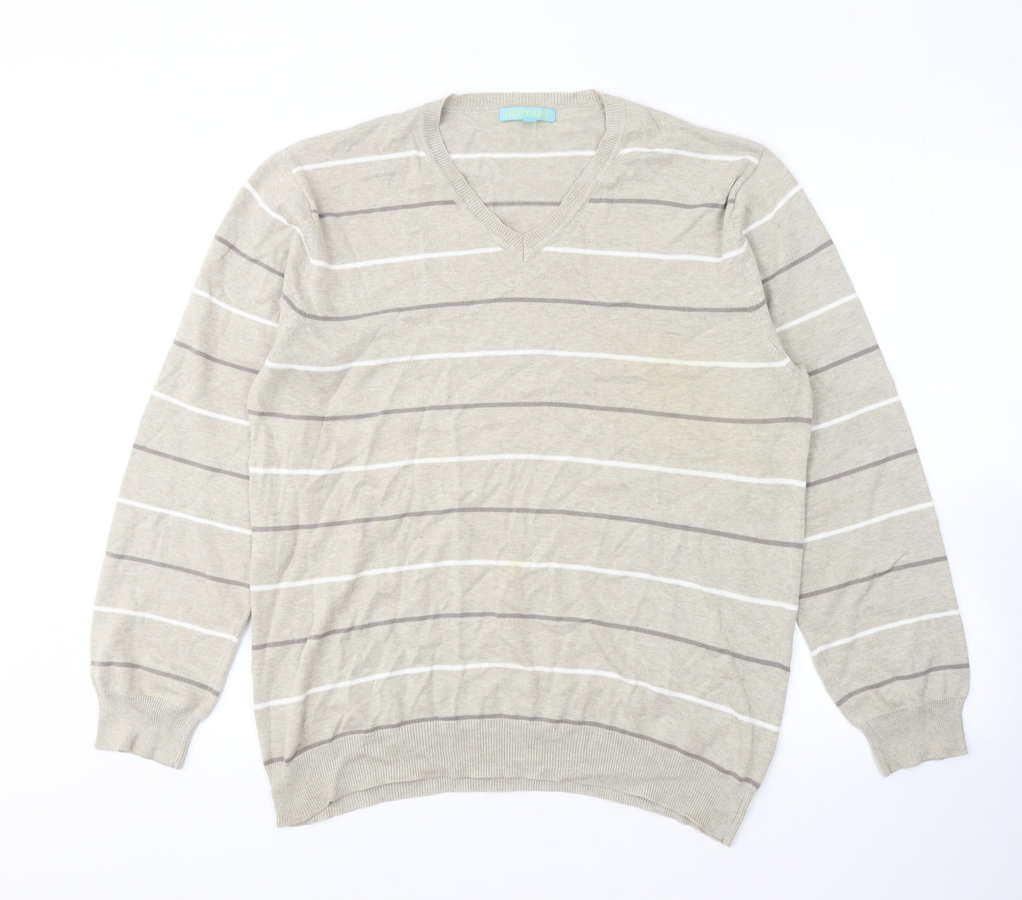 Avenue Mens Beige V-Neck Striped Cotton Pullover Jumper Size L