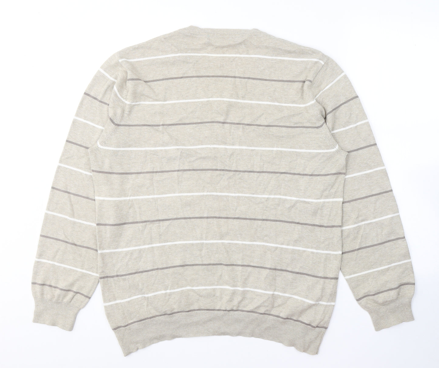 Avenue Mens Beige V-Neck Striped Cotton Pullover Jumper Size L