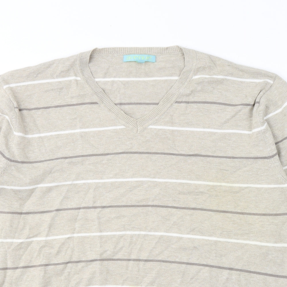 Avenue Mens Beige V-Neck Striped Cotton Pullover Jumper Size L