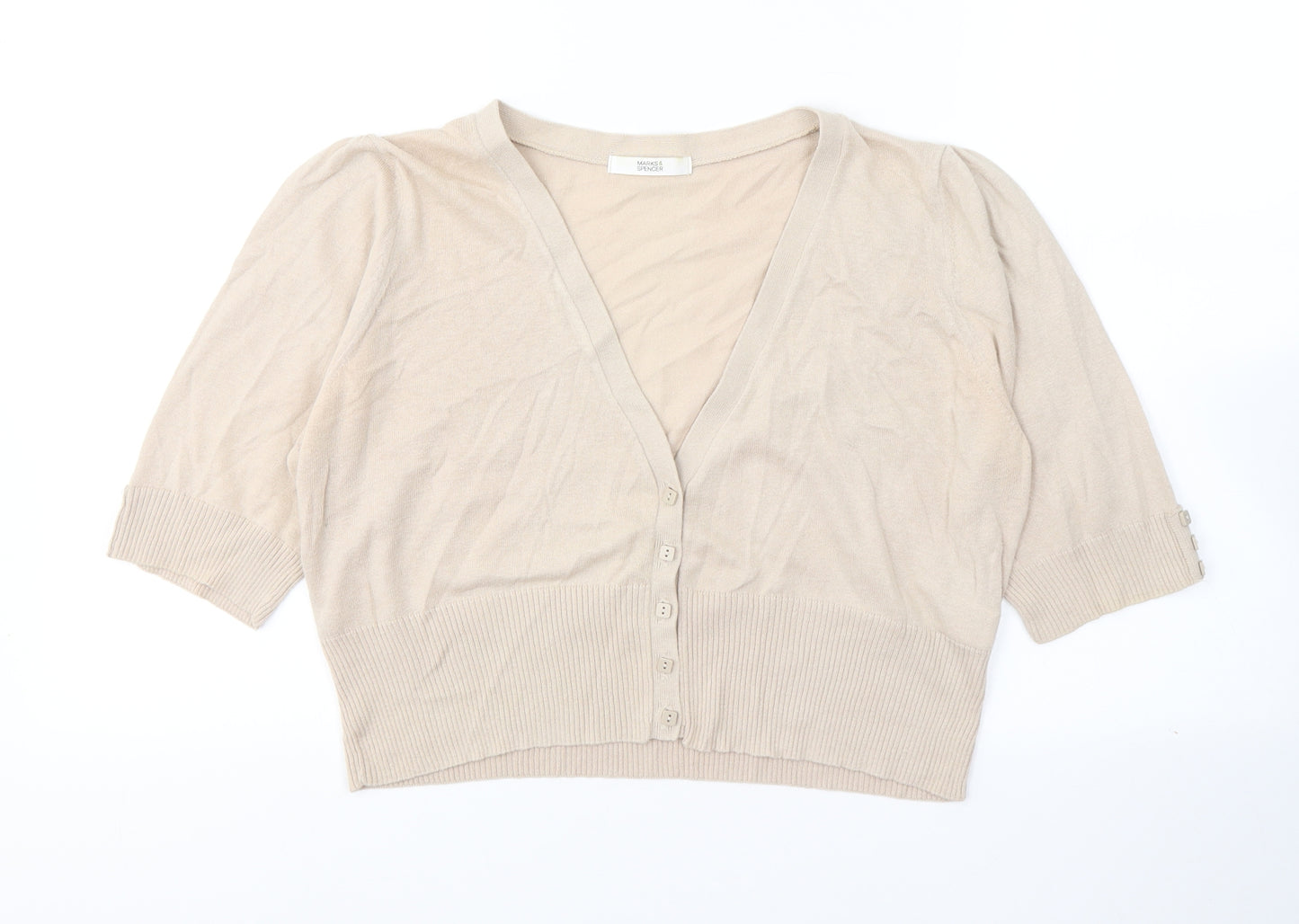 Marks and Spencer Womens Beige  100% Cotton Cropped T-Shirt Size 16 V-Neck