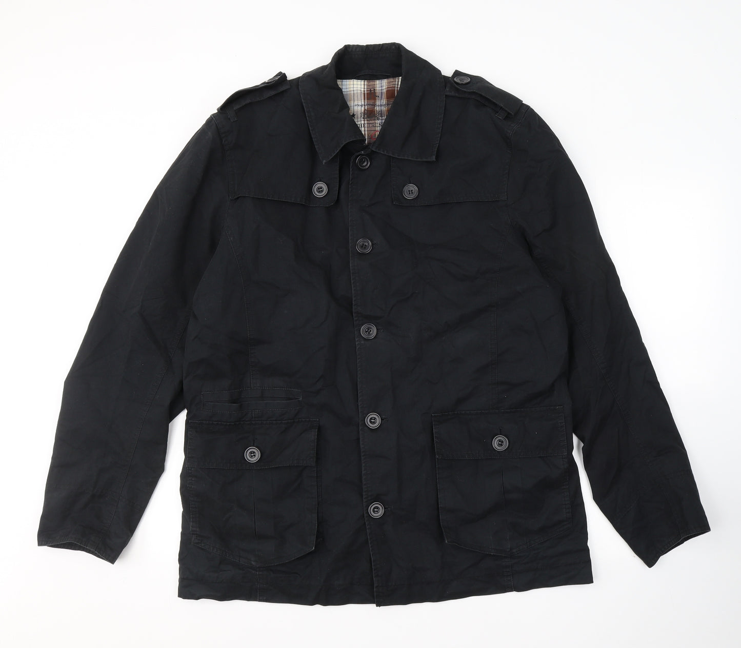 John Lewis Mens Black   Trench Coat Jacket Size L  Button