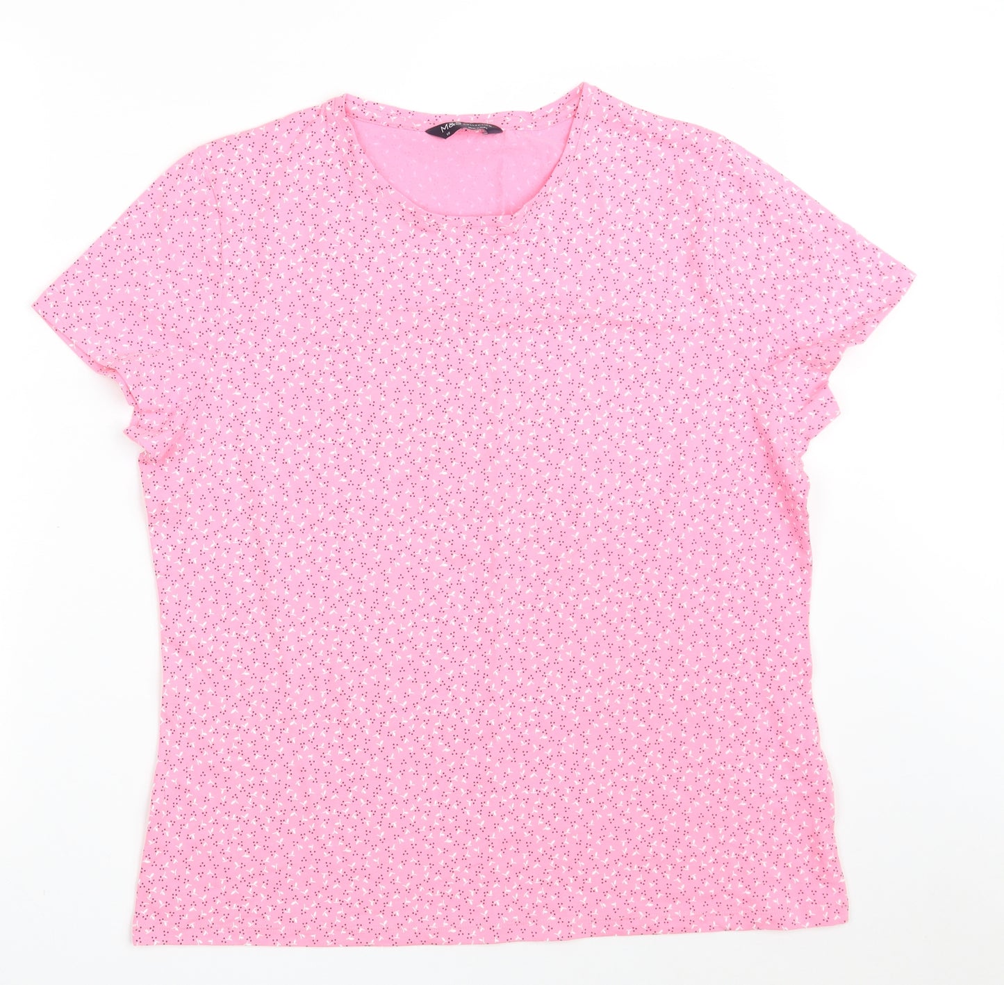 Marks and Spencer Womens Pink Floral Cotton Basic T-Shirt Size 18 Round Neck