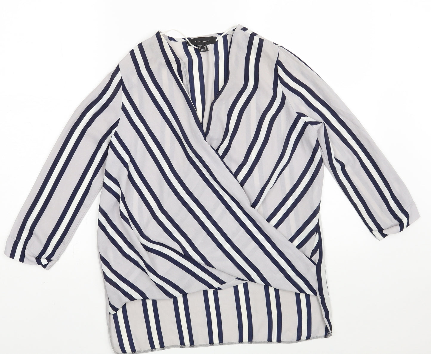 Atmosphere Womens Grey Striped Polyester Basic Blouse Size 8 V-Neck