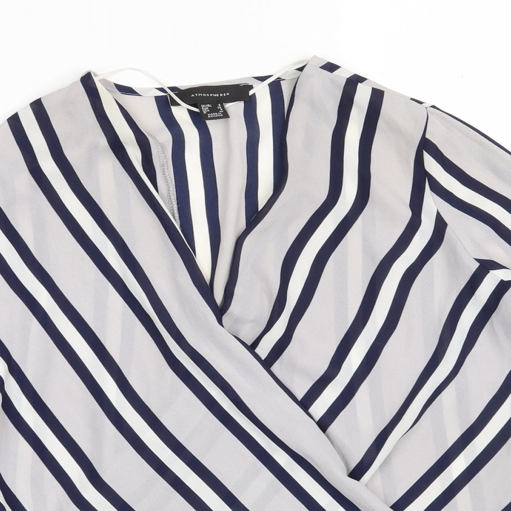 Atmosphere Womens Grey Striped Polyester Basic Blouse Size 8 V-Neck