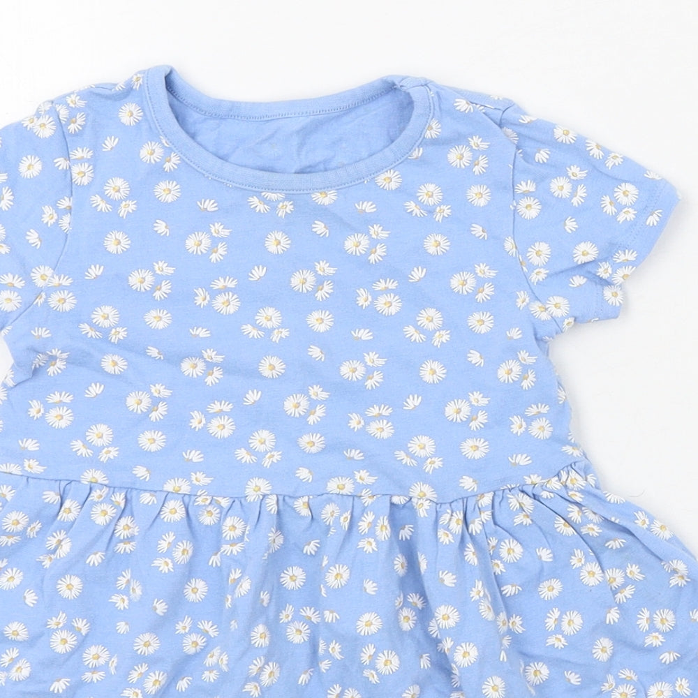 Dunnes Stores Girls Blue Floral 100% Cotton Fit & Flare  Size 3-4 Years  Round Neck