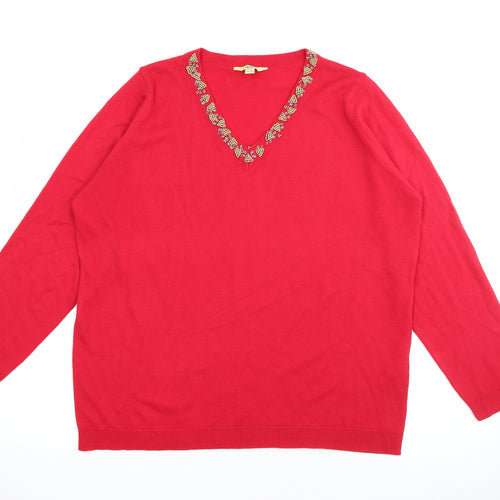 Classics Womens Red V-Neck  Acrylic Pullover Jumper Size 20