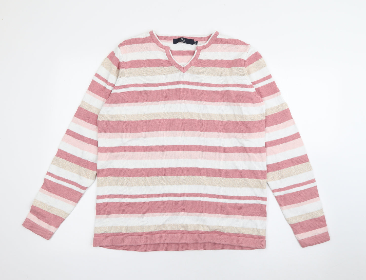 Isle Essentials Womens Pink V-Neck Striped Cotton Pullover Jumper Size M