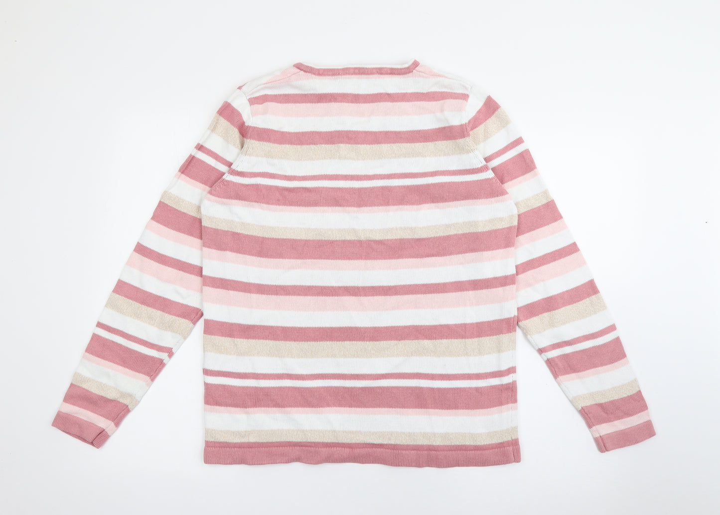 Isle Essentials Womens Pink V-Neck Striped Cotton Pullover Jumper Size M