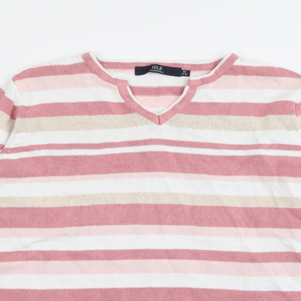 Isle Essentials Womens Pink V-Neck Striped Cotton Pullover Jumper Size M