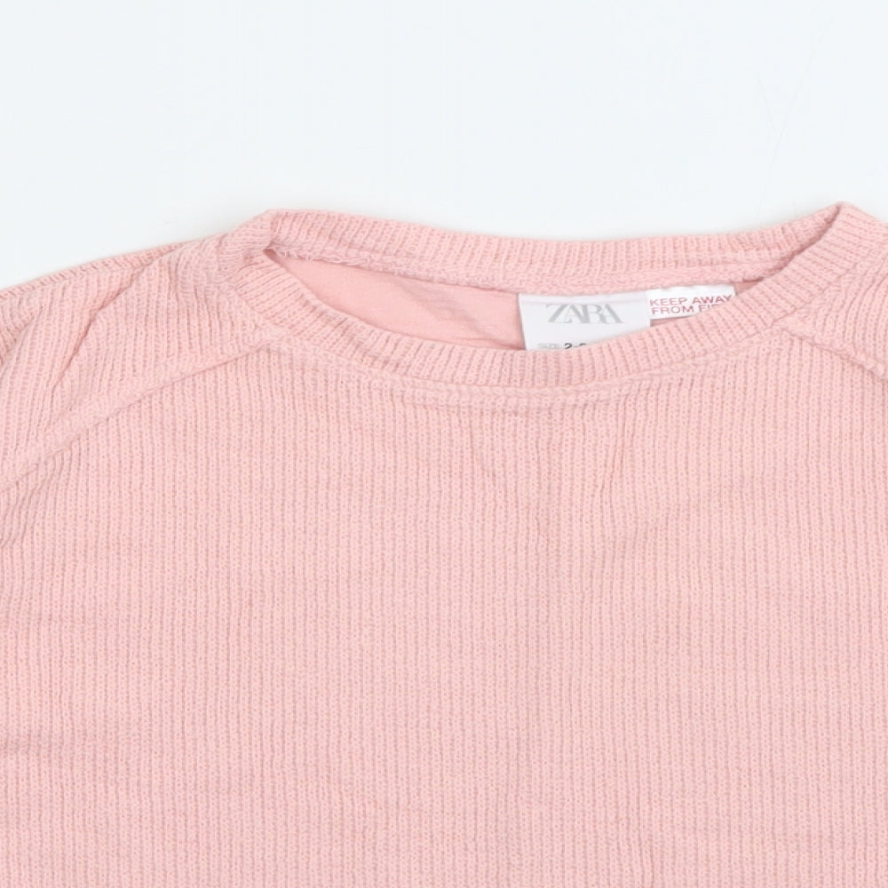 Zara Girls Pink Crew Neck  Cotton Pullover Jumper Size 2-3 Years