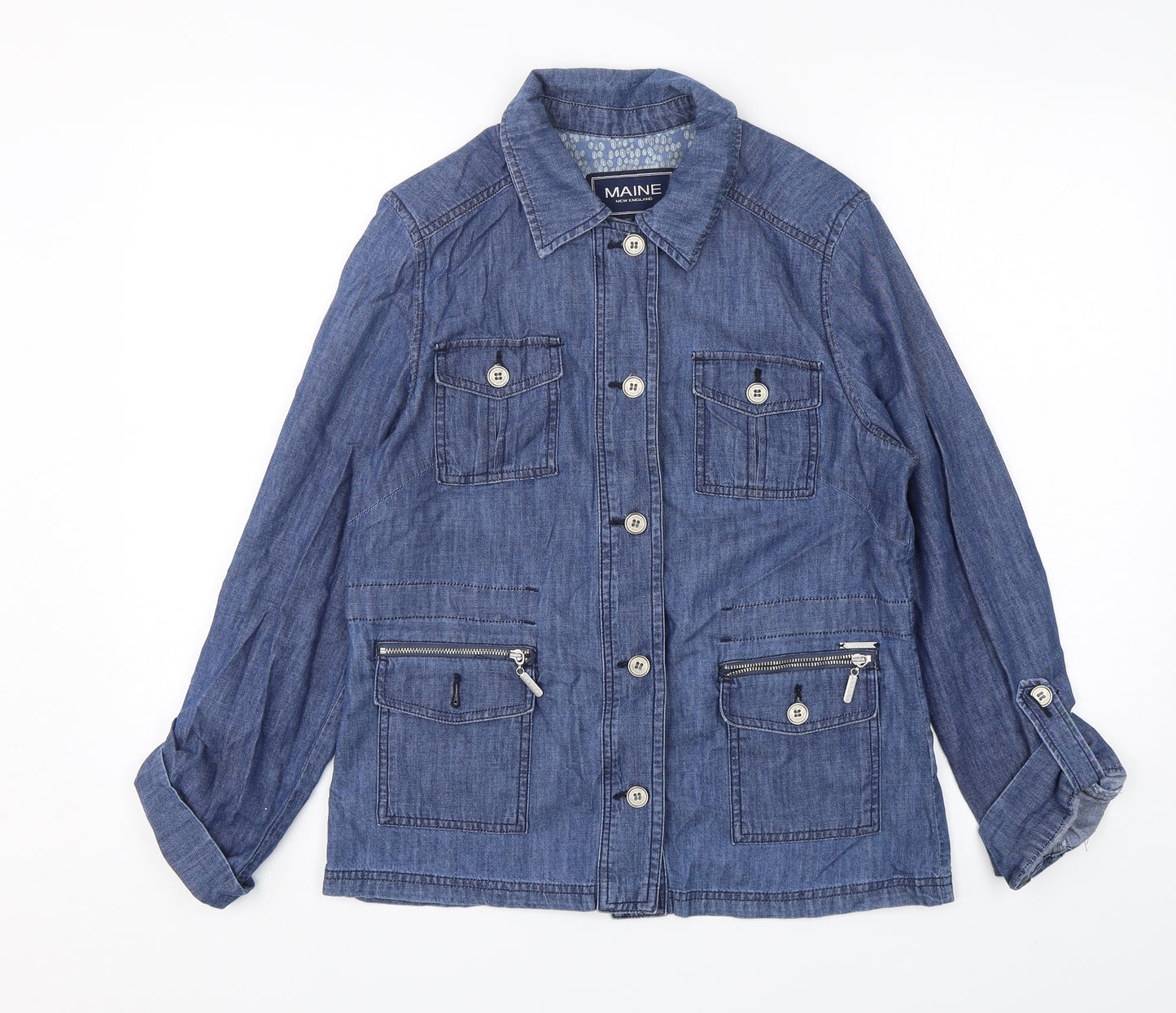 Maine New England Womens Blue  Cotton Basic Button-Up Size 12 Collared