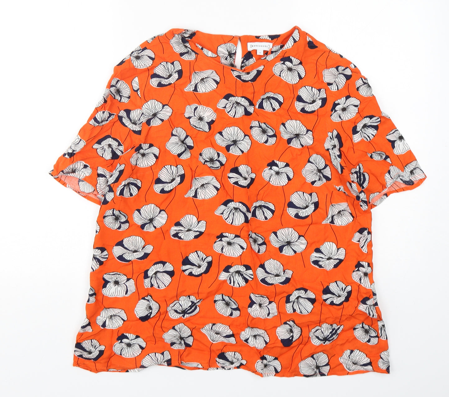 Warehouse Womens Orange Floral Viscose Basic Blouse Size 14 Round Neck