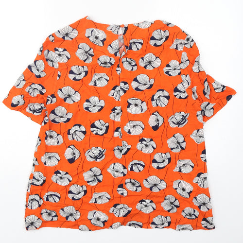 Warehouse Womens Orange Floral Viscose Basic Blouse Size 14 Round Neck