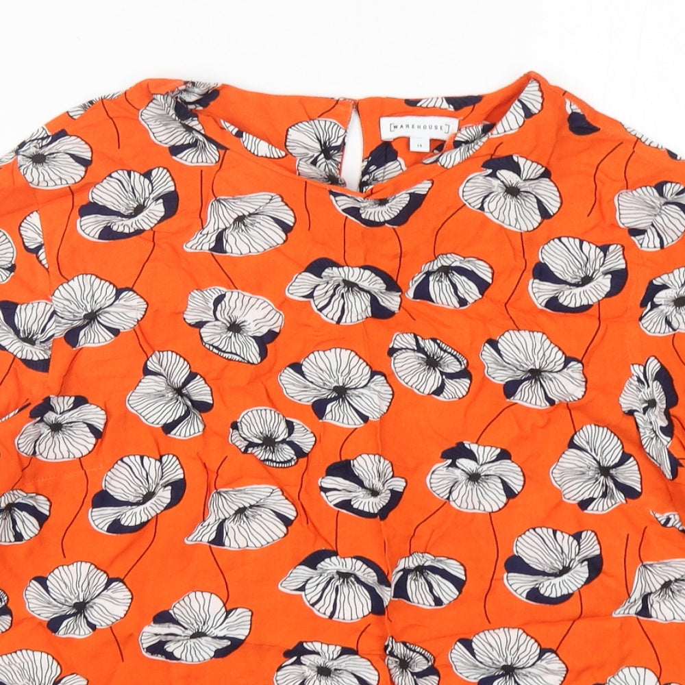 Warehouse Womens Orange Floral Viscose Basic Blouse Size 14 Round Neck