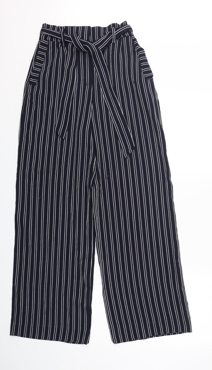 H&M Womens Blue Striped Polyester Trousers Size 6 L31 in Regular