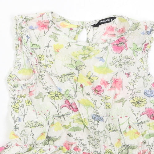 George Girls White Floral Cotton Basic Blouse Size 8-9 Years Round Neck Pullover