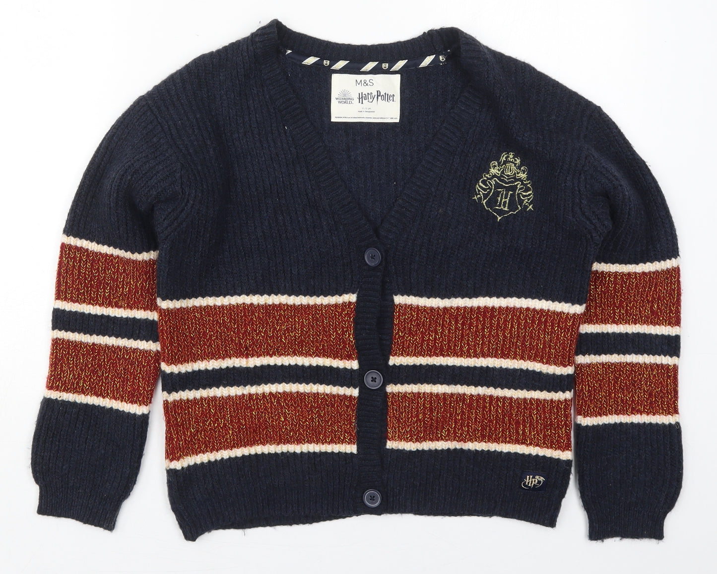 Marks and Spencer Girls Blue V-Neck Striped Acrylic Cardigan Jumper Size 11-12 Years  Button - Harry Potter