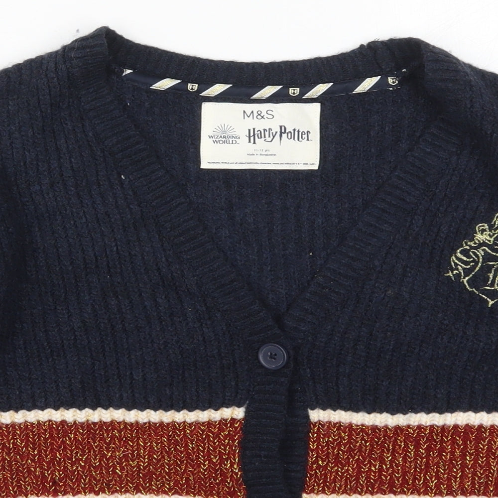 Marks and Spencer Girls Blue V-Neck Striped Acrylic Cardigan Jumper Size 11-12 Years  Button - Harry Potter