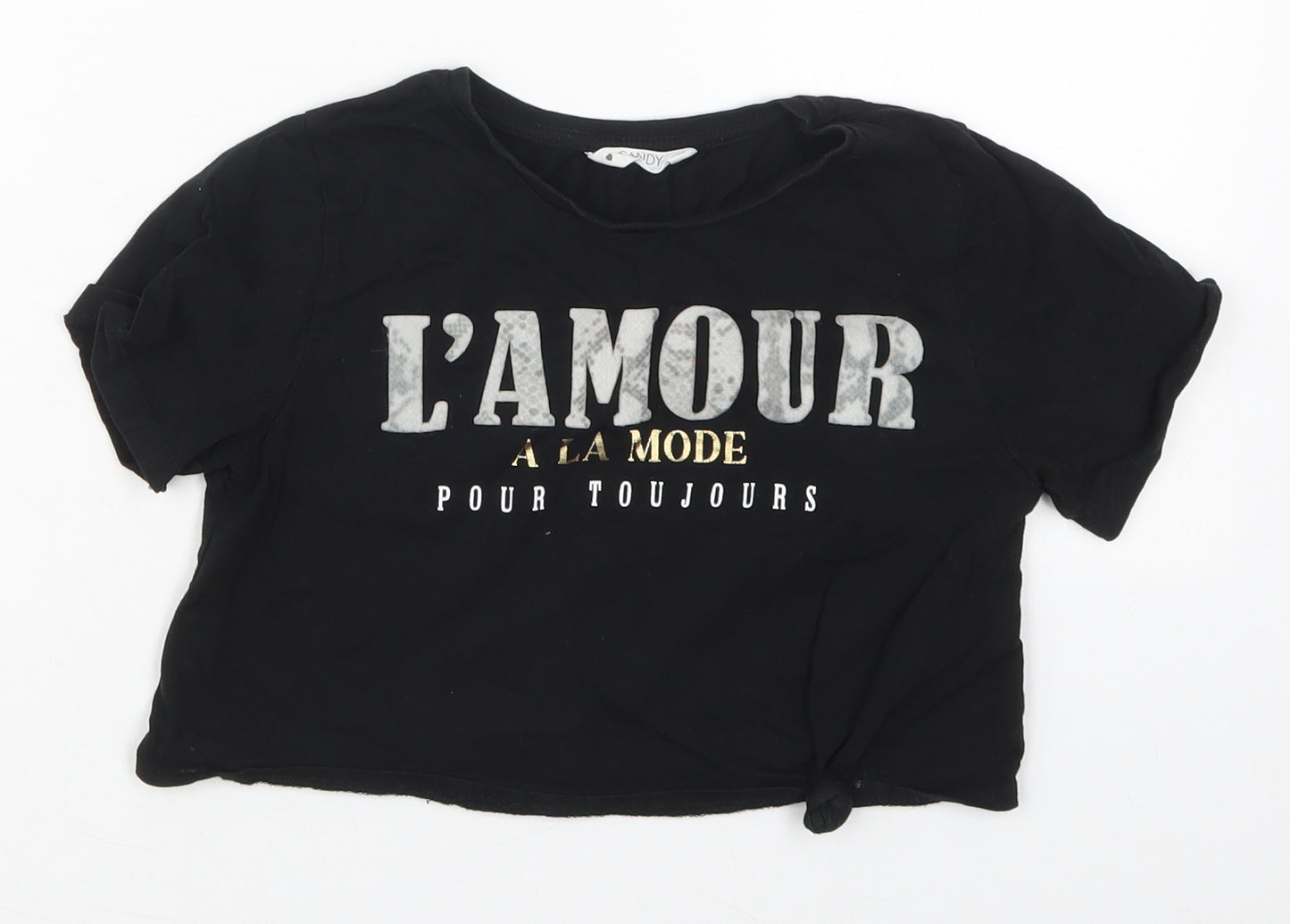 Candy Couture Girls Black  Cotton Cropped T-Shirt Size 10 Years Crew Neck Pullover - L'Amour