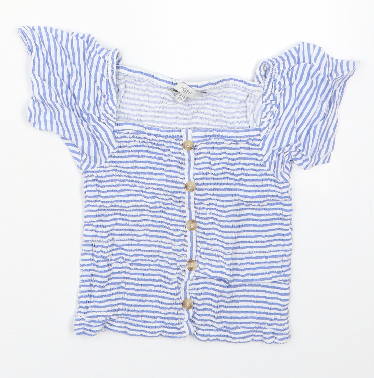 Evie Girls Blue Striped Viscose Basic Blouse Size 9-10 Years Square Neck Pullover