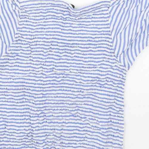 Evie Girls Blue Striped Viscose Basic Blouse Size 9-10 Years Square Neck Pullover