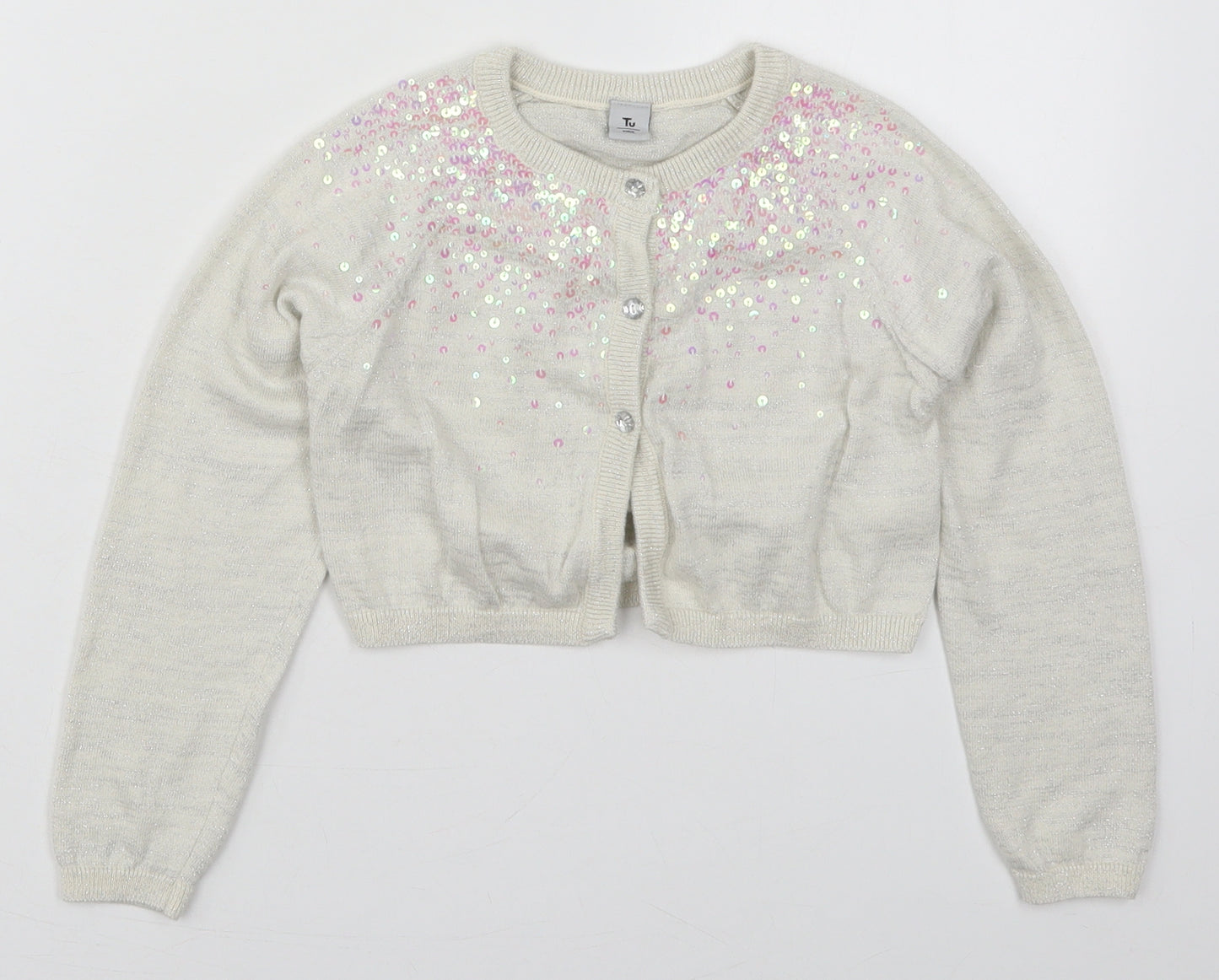 TU Girls Ivory Crew Neck  Cotton Cardigan Jumper Size 7 Years  Button