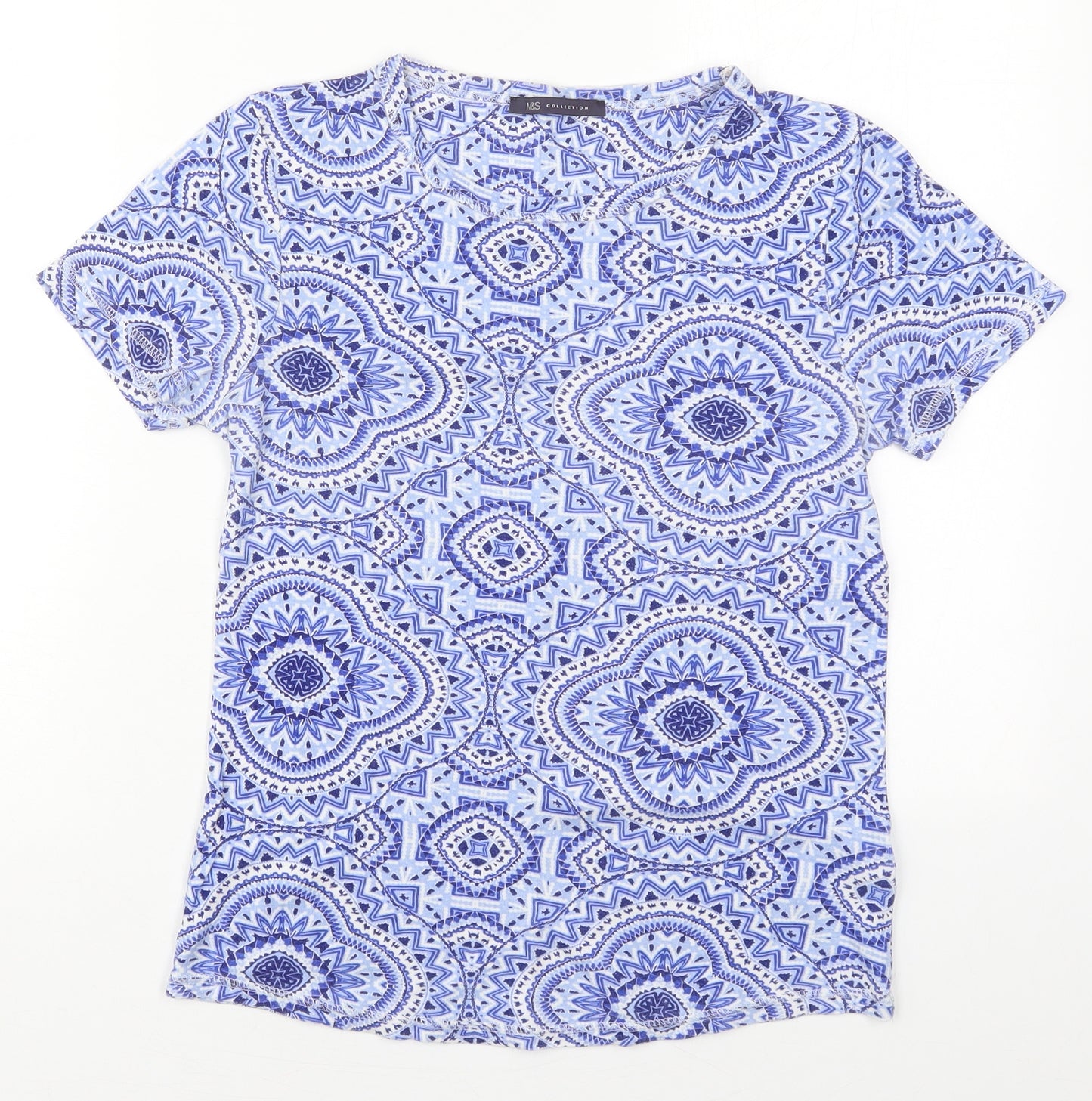 Marks and Spencer Womens Blue Geometric Cotton Basic T-Shirt Size 10 Crew Neck