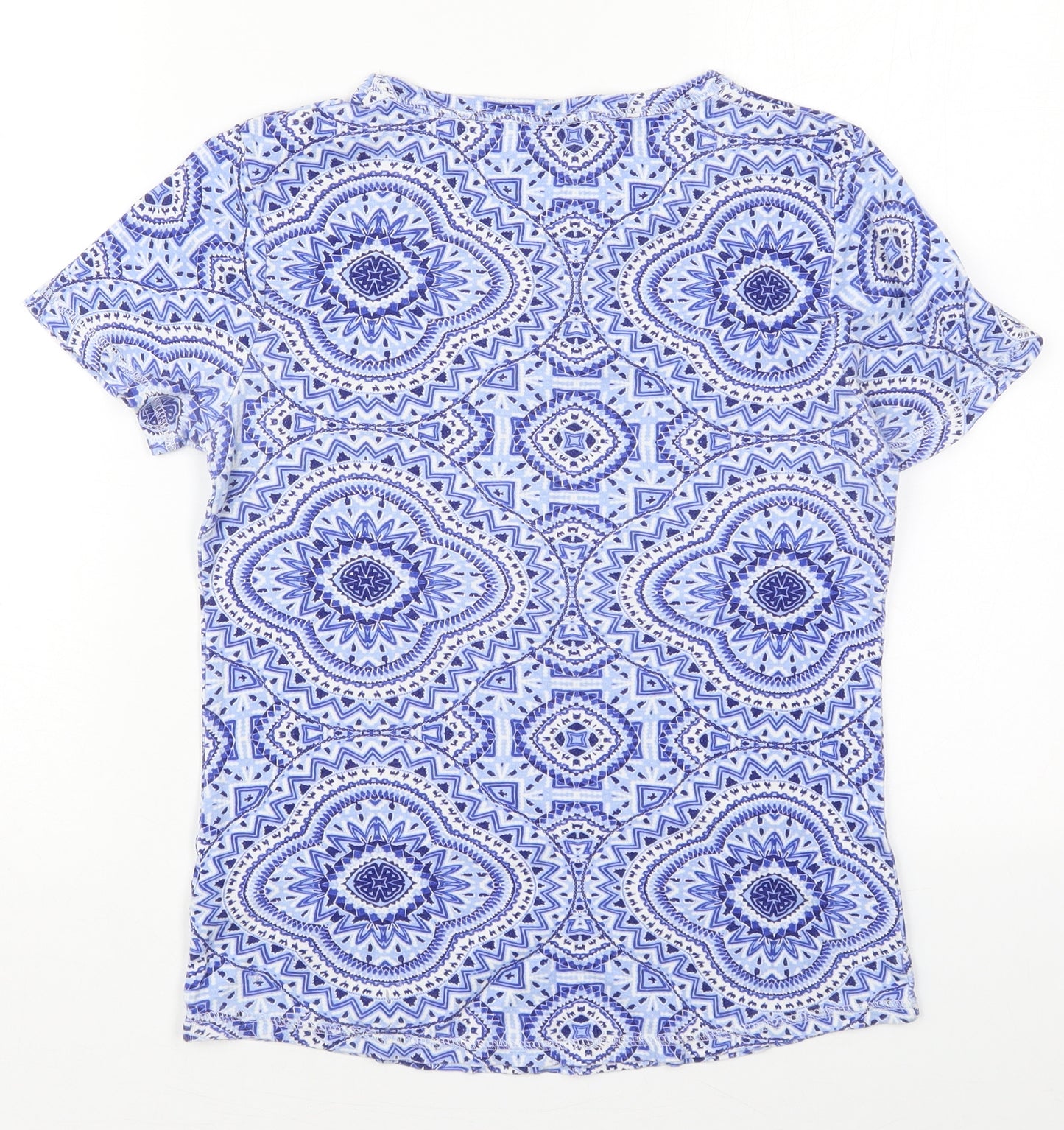 Marks and Spencer Womens Blue Geometric Cotton Basic T-Shirt Size 10 Crew Neck