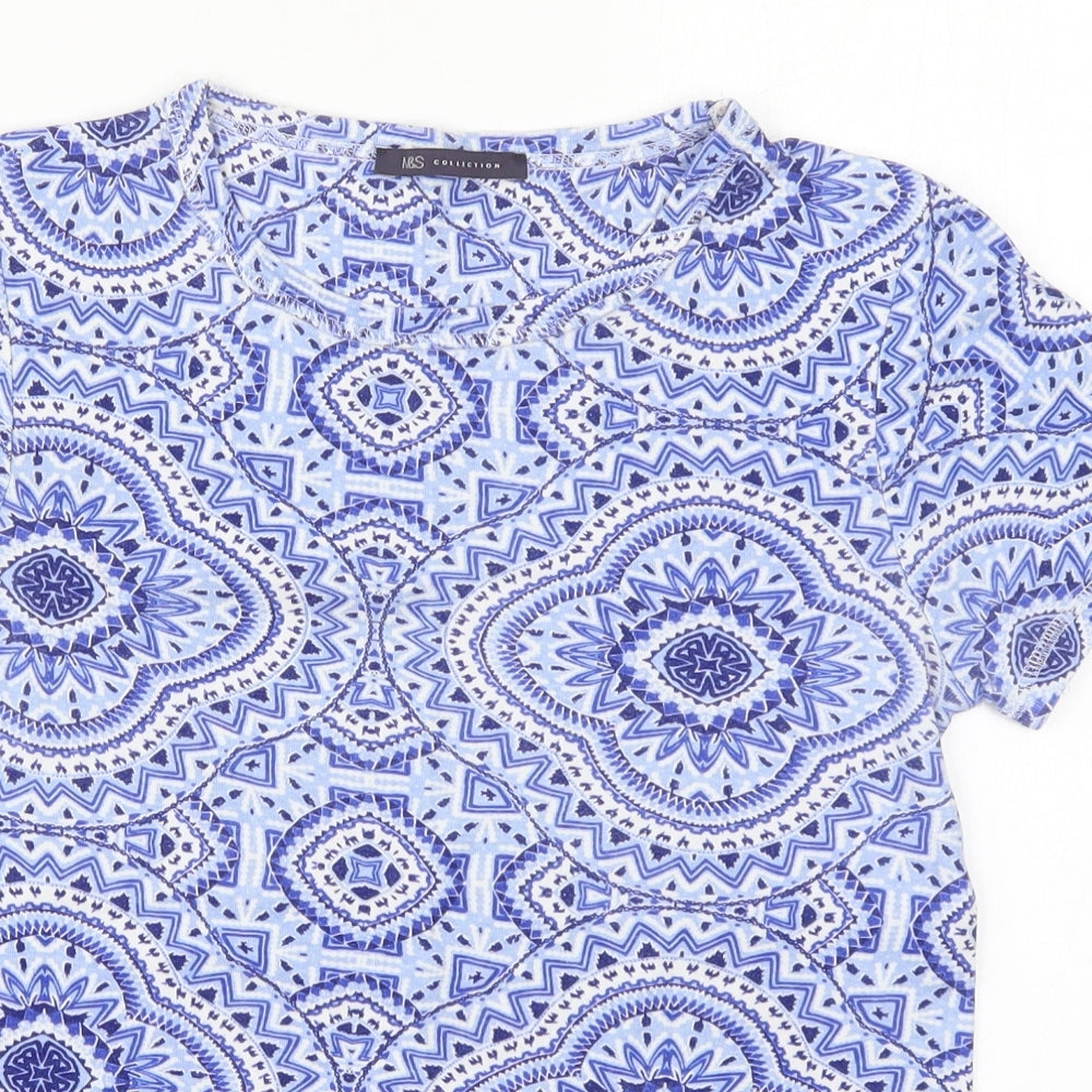 Marks and Spencer Womens Blue Geometric Cotton Basic T-Shirt Size 10 Crew Neck