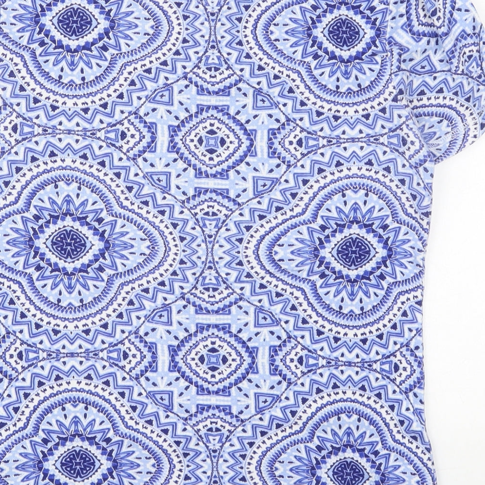 Marks and Spencer Womens Blue Geometric Cotton Basic T-Shirt Size 10 Crew Neck