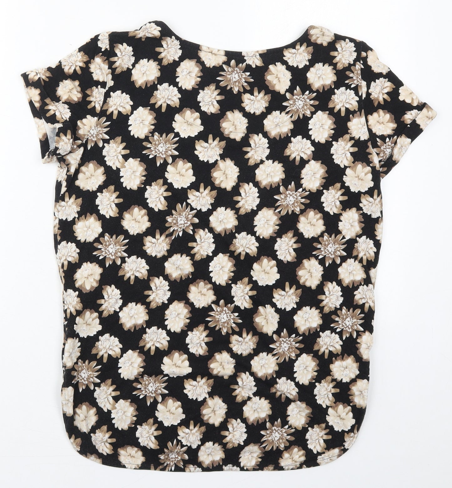 Marks and Spencer Womens Black Floral Viscose Basic T-Shirt Size 10 Round Neck - Beige Flowers