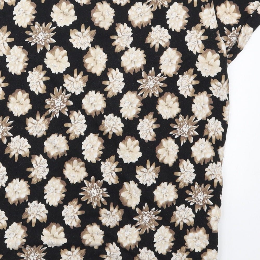 Marks and Spencer Womens Black Floral Viscose Basic T-Shirt Size 10 Round Neck - Beige Flowers