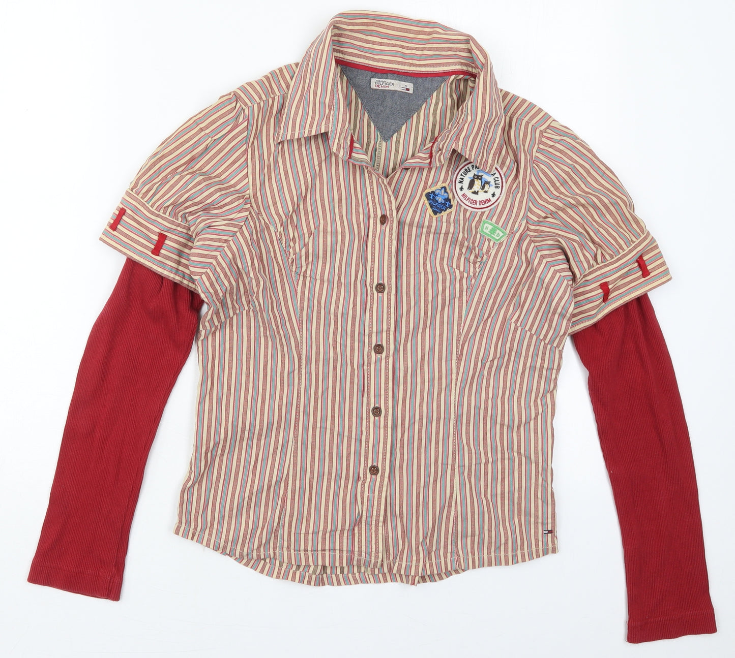 Tommy Hilfiger Womens Red Striped Cotton Basic Button-Up Size S Collared - Beige