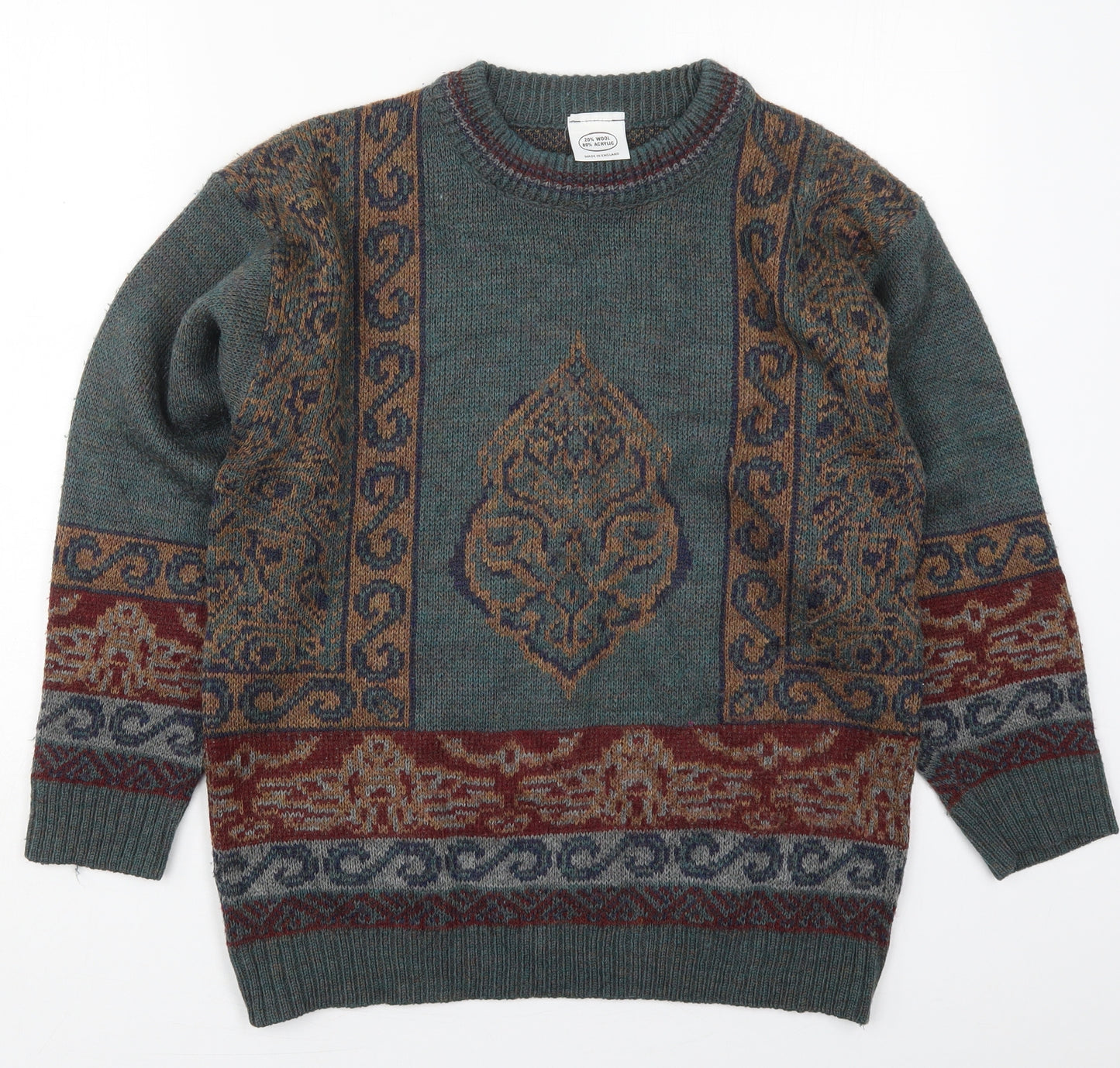 Preworn Mens Green Round Neck  Wool Pullover Jumper Size L   - Batik Print