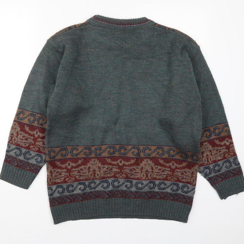 Preworn Mens Green Round Neck  Wool Pullover Jumper Size L   - Batik Print