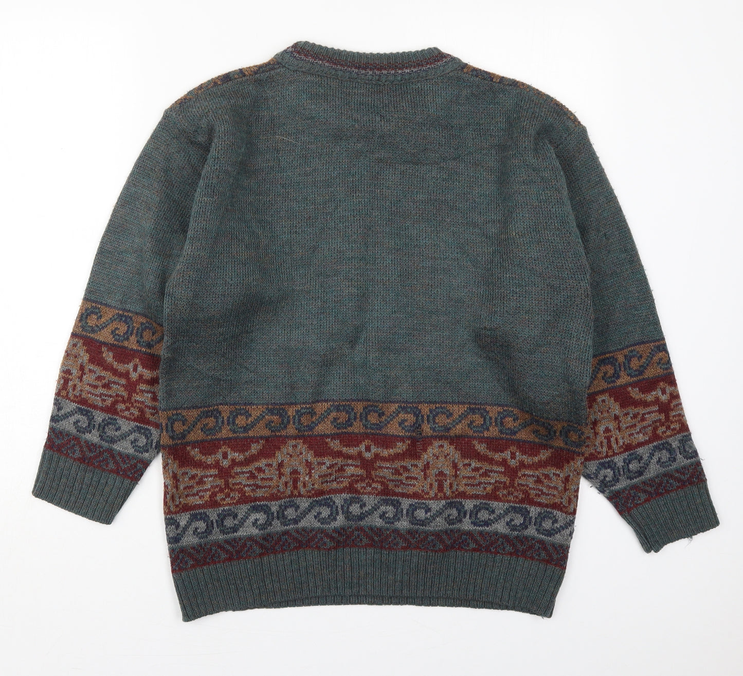Preworn Mens Green Round Neck  Wool Pullover Jumper Size L   - Batik Print