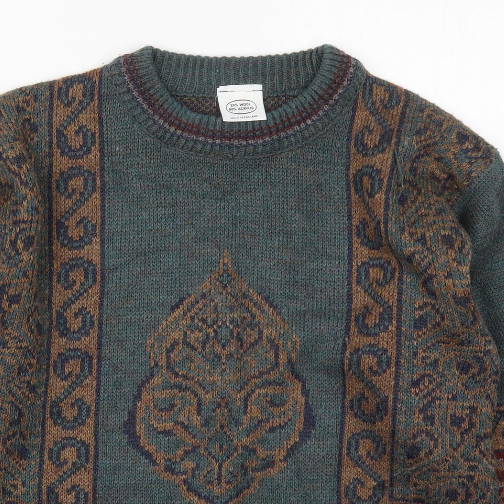 Preworn Mens Green Round Neck  Wool Pullover Jumper Size L   - Batik Print