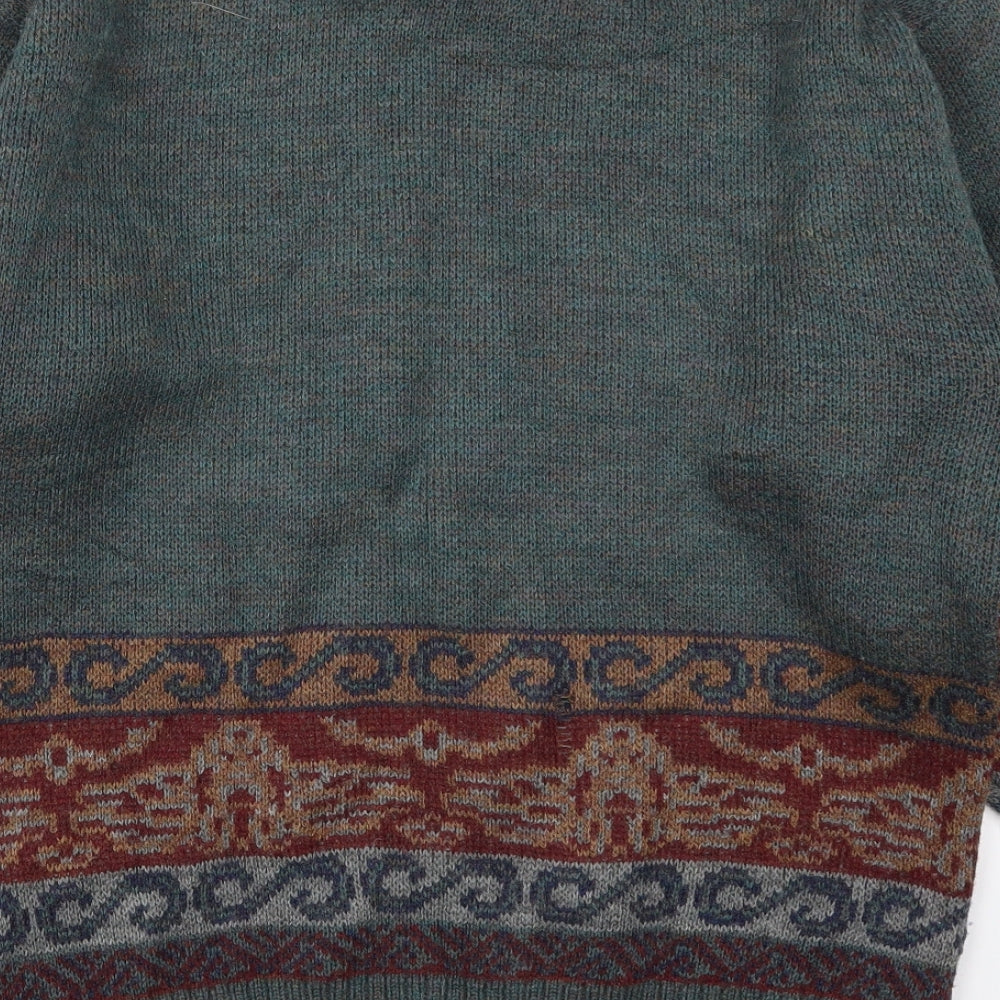 Preworn Mens Green Round Neck  Wool Pullover Jumper Size L   - Batik Print