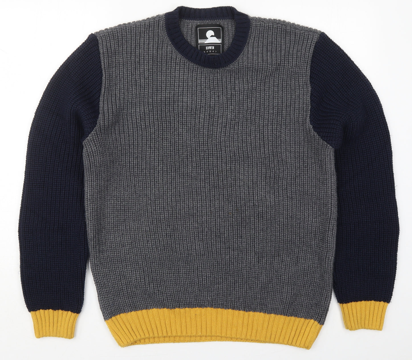 Edwin Mens Grey Round Neck  Wool Pullover Jumper Size L   - Blue and Yellow