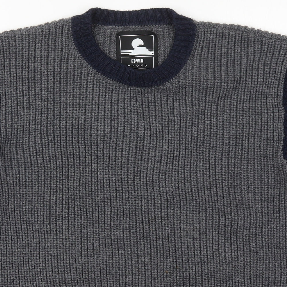 Edwin Mens Grey Round Neck  Wool Pullover Jumper Size L   - Blue and Yellow
