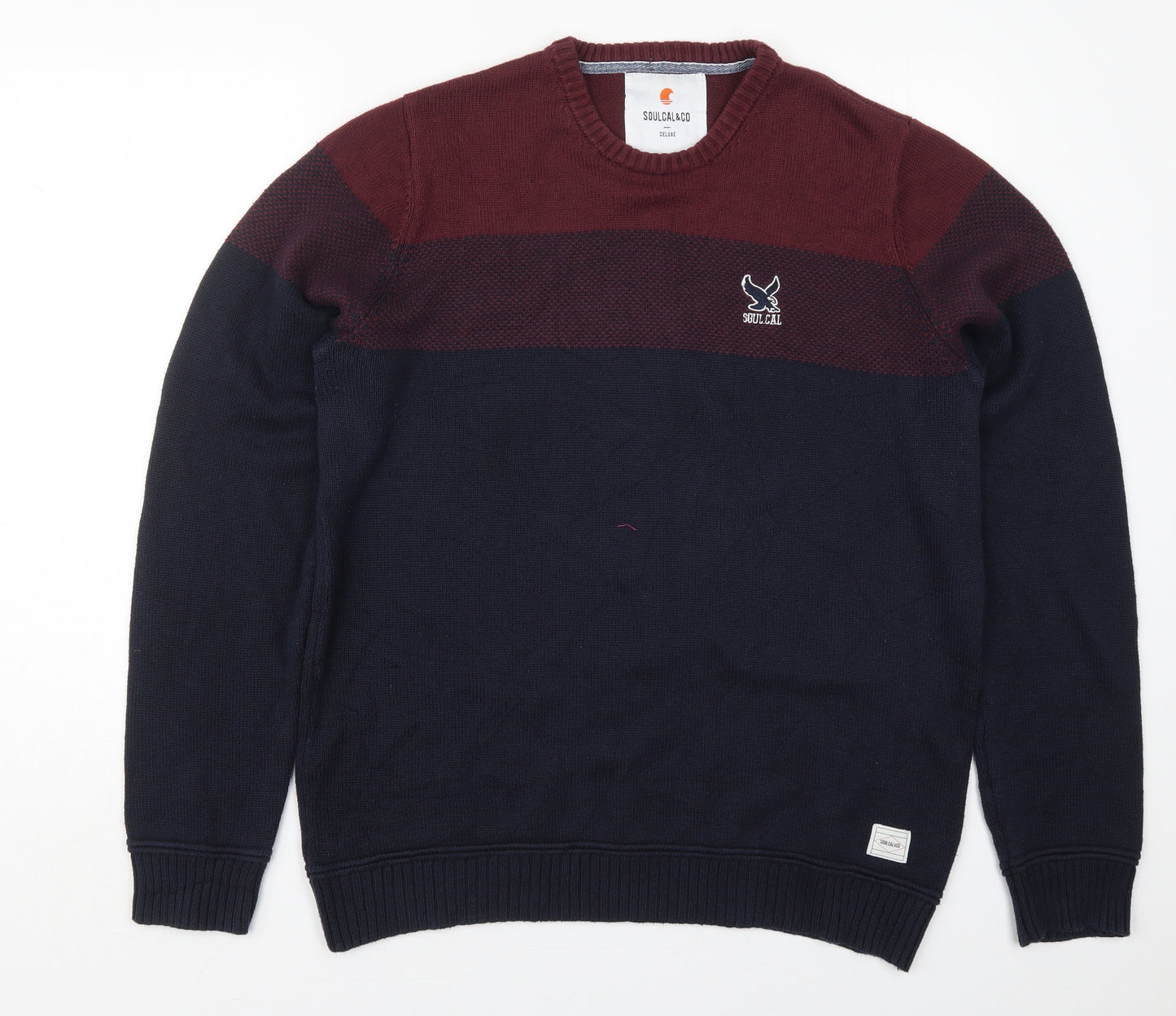 SoulCal&Co Mens Blue Round Neck Striped Acrylic Pullover Jumper Size XL   - Burgundy