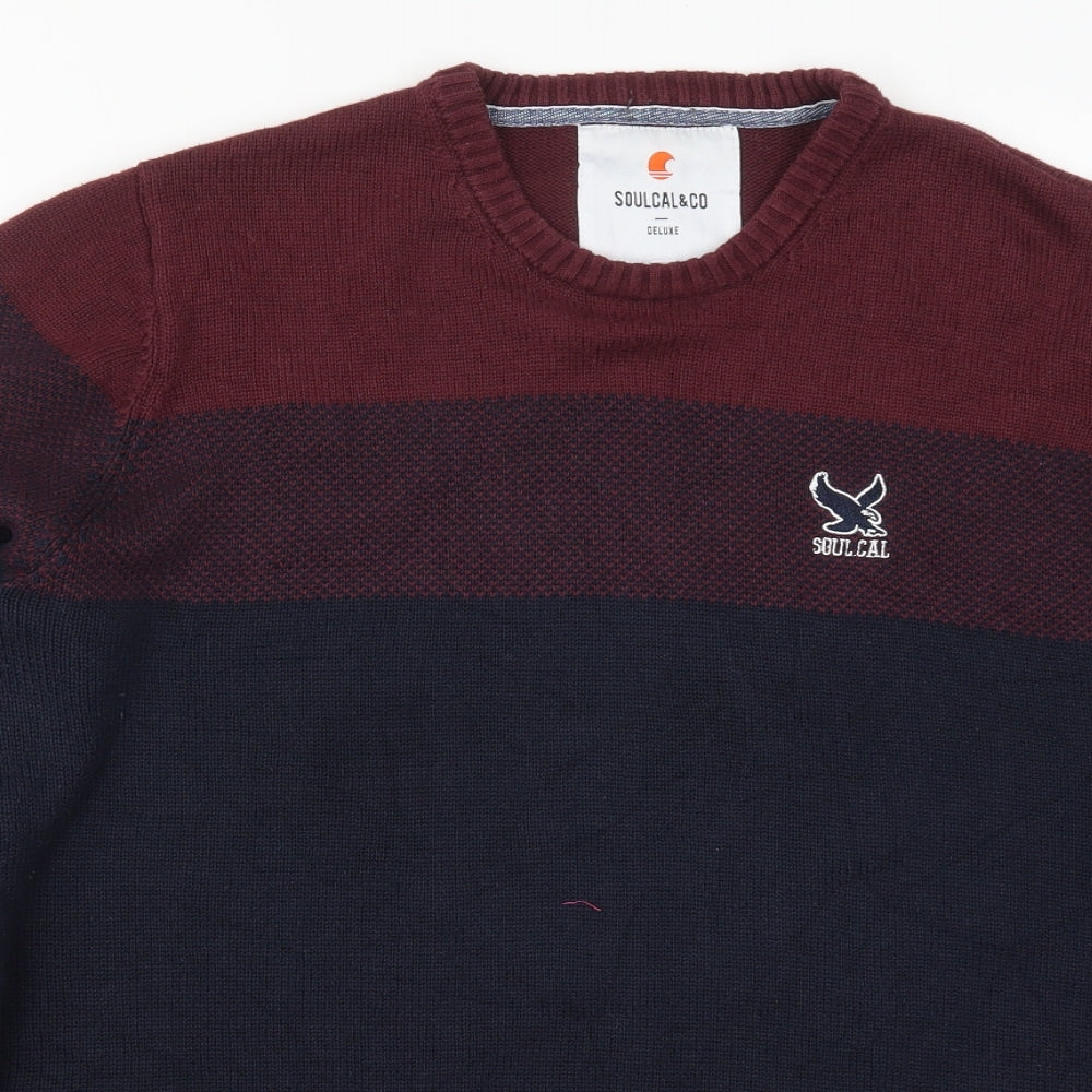 SoulCal&Co Mens Blue Round Neck Striped Acrylic Pullover Jumper Size XL   - Burgundy