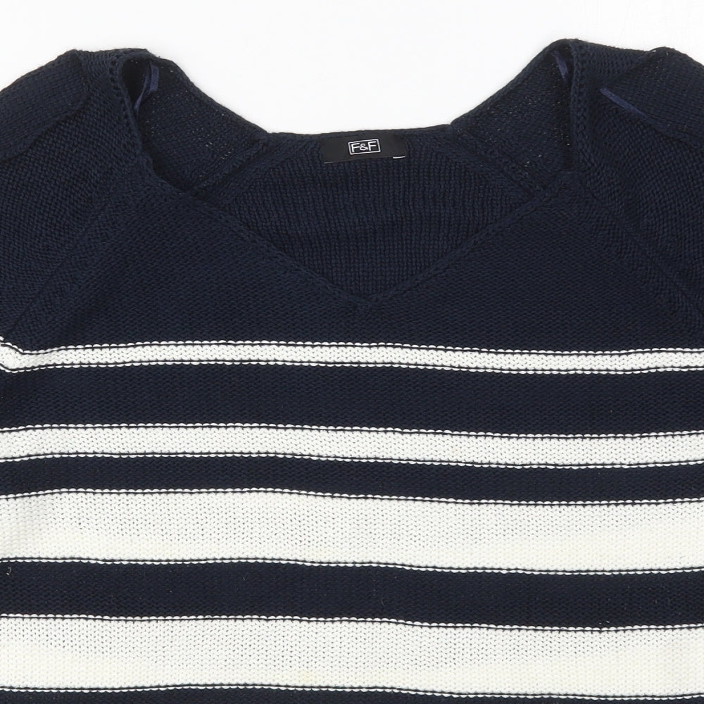 F&F Womens Blue V-Neck Striped Acrylic Pullover Jumper Size 14