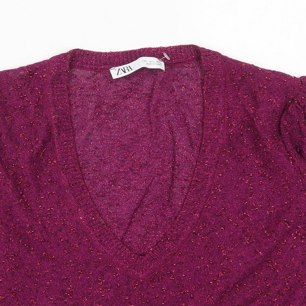 Zara Womens Pink V-Neck  Viscose Pullover Jumper Size L