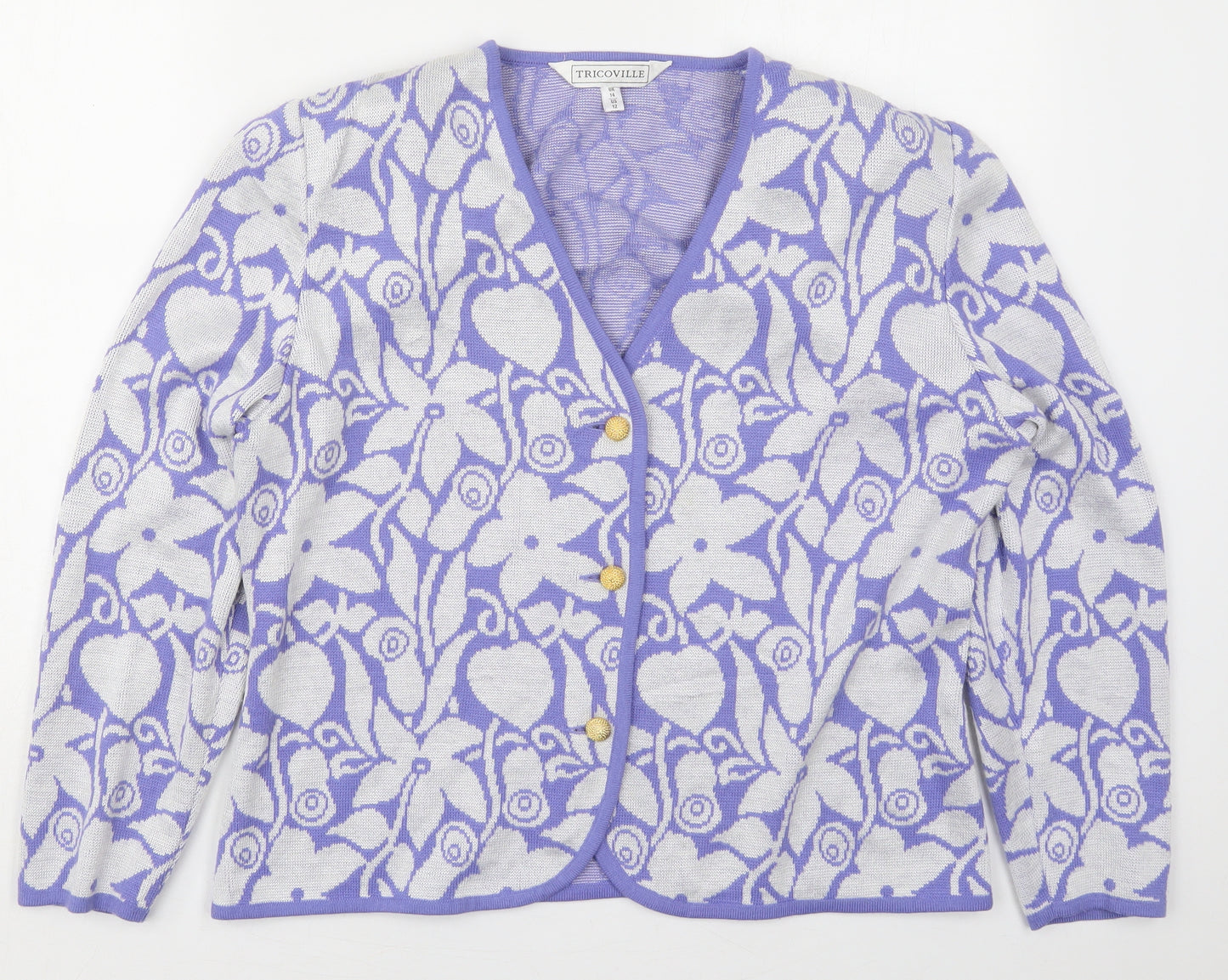 Tricoville Womens Purple V-Neck Floral Acrylic Cardigan Jumper Size 14