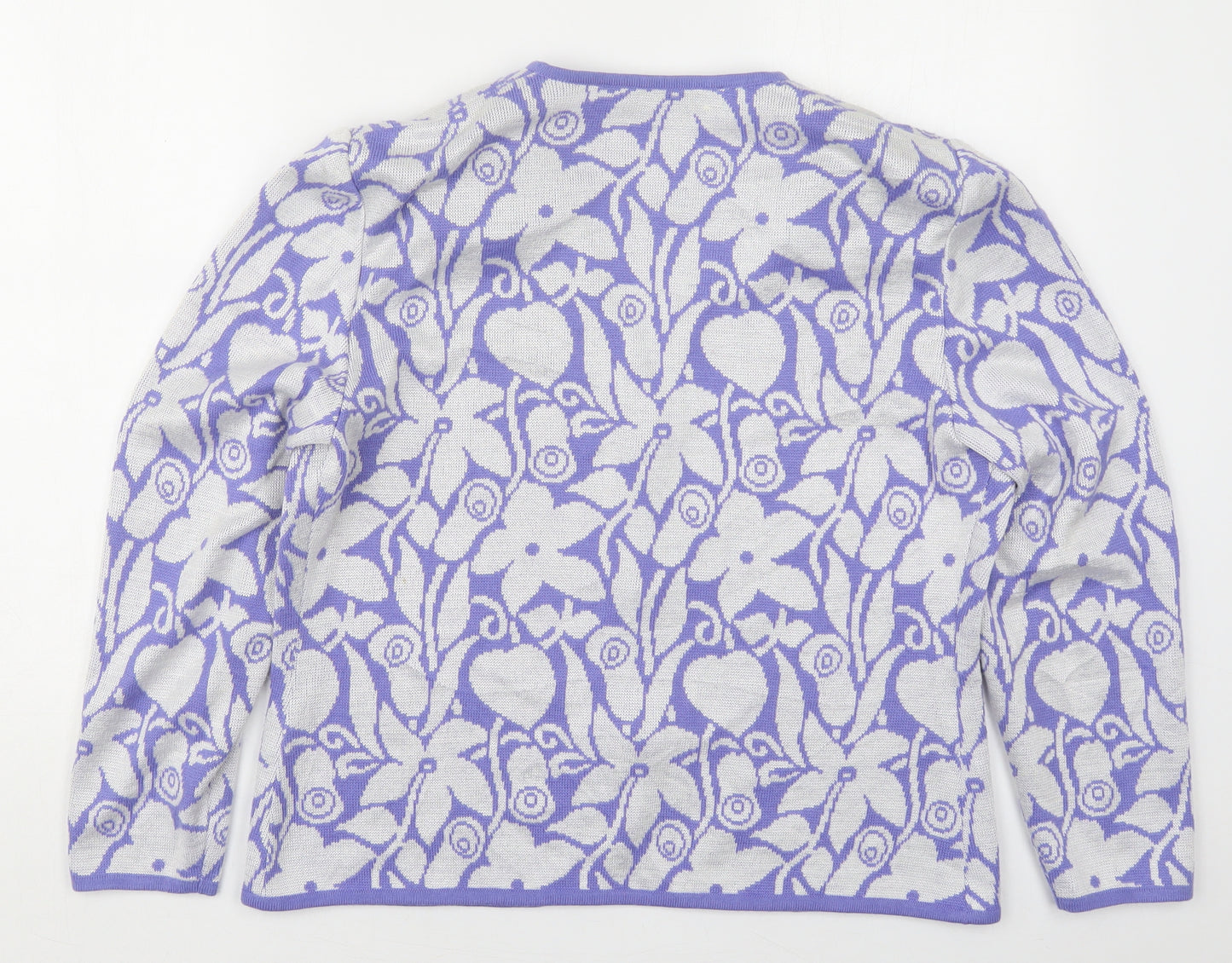 Tricoville Womens Purple V-Neck Floral Acrylic Cardigan Jumper Size 14