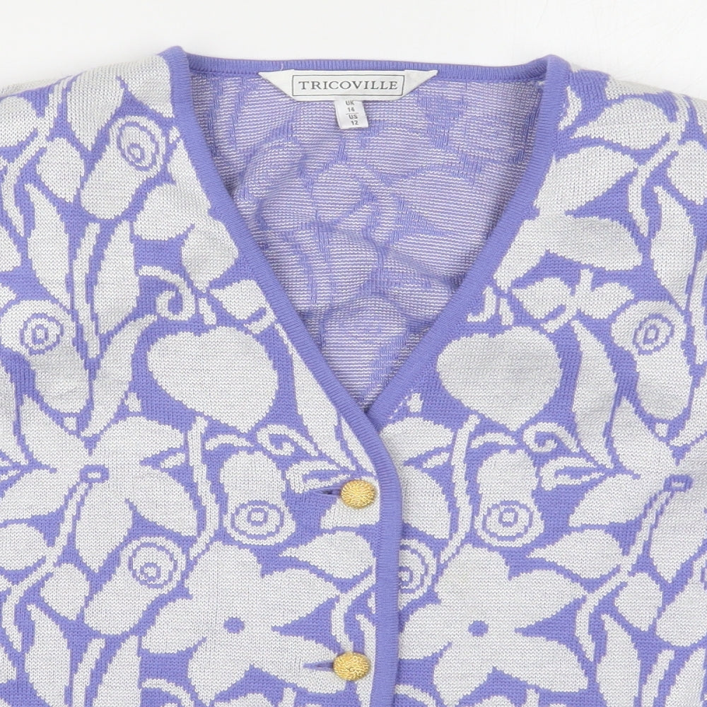 Tricoville Womens Purple V-Neck Floral Acrylic Cardigan Jumper Size 14