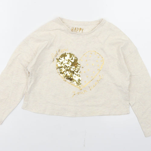 F&F Girls Beige  Cotton Basic T-Shirt Size 5-6 Years Crew Neck  - Heart