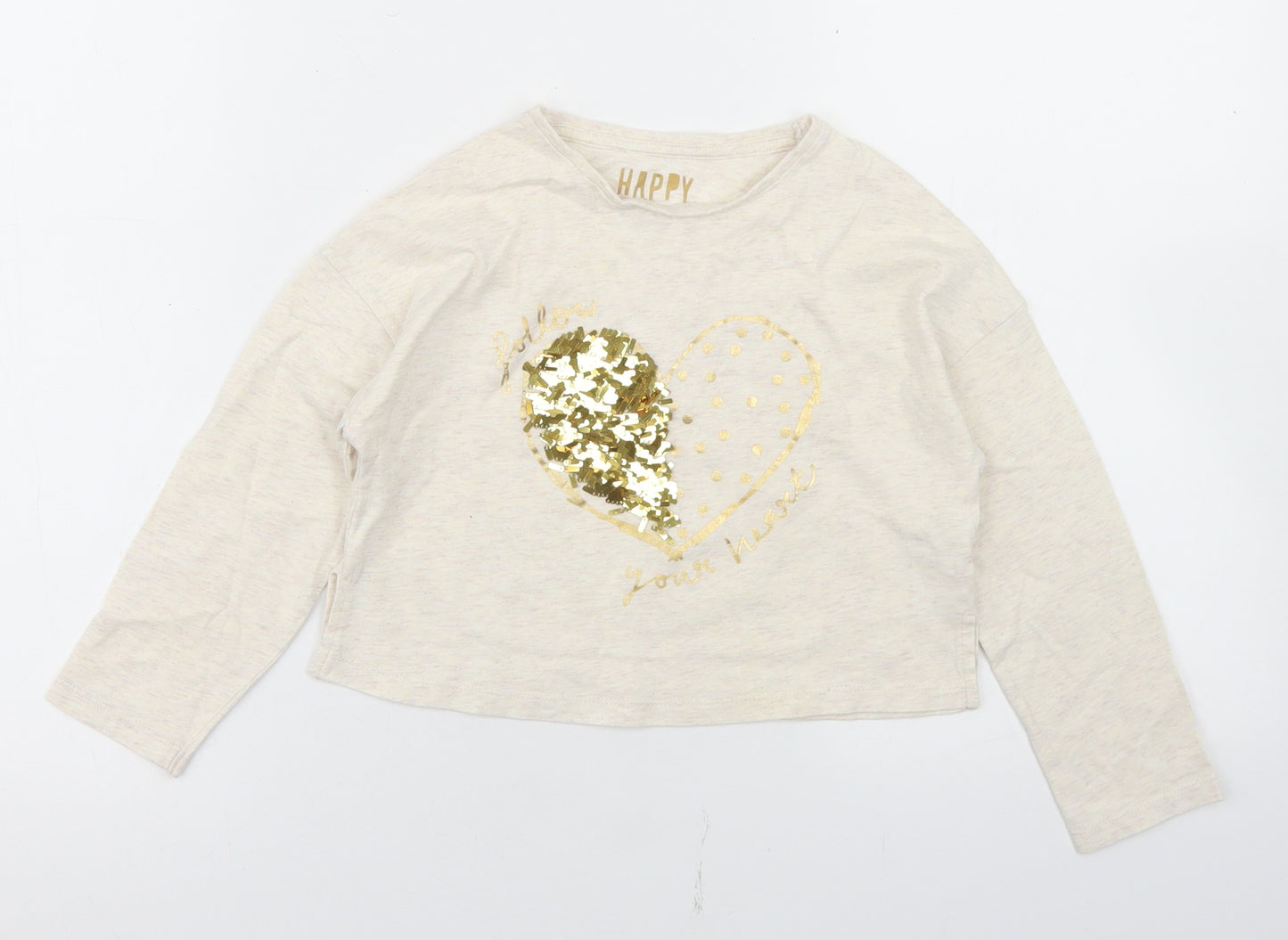 F&F Girls Beige  Cotton Basic T-Shirt Size 5-6 Years Crew Neck  - Heart